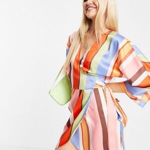 ASOS Rainbow Stripe Satin Wrap Mini Dress
